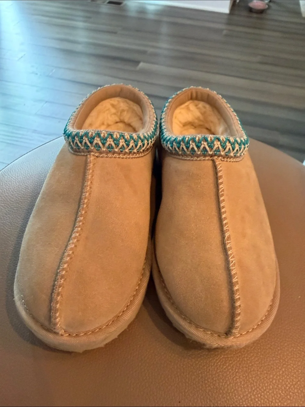 UGG Beige Shearling-Lined Ballet Slippers with Teal Trim